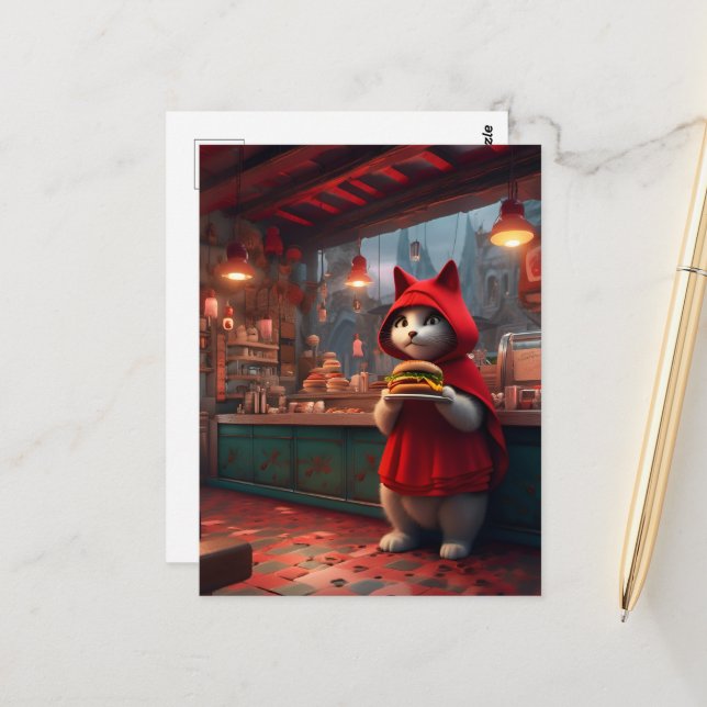 Cat in a Red Cloak With A Cheeseburger Postcard (Front/Back In Situ)