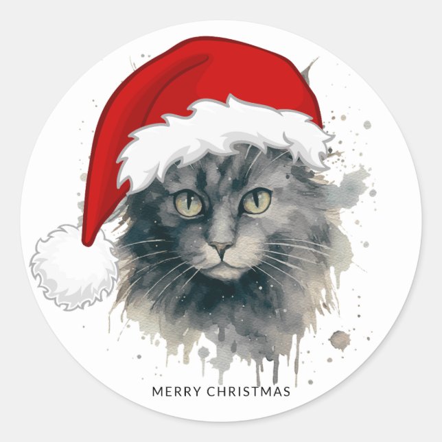 Cat In A Santa Hat Merry Christmas Classic Round Sticker (Front)