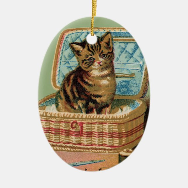 Cat in a Sewing Basket Ceramic Tree Decoration (Front)