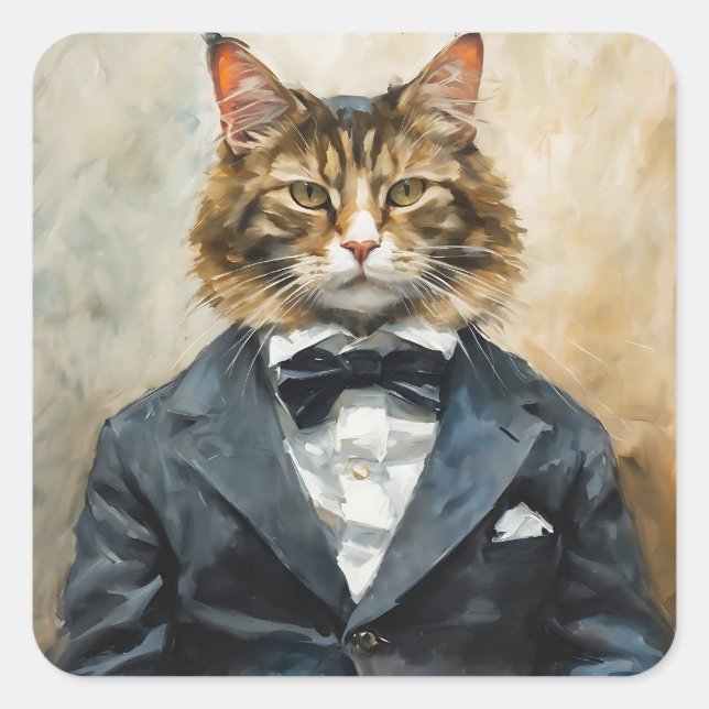 Cat in a Suit Square Sticker (Front)