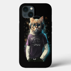 Cat in a t-shirt, headphones and glasses iPhone 13 case