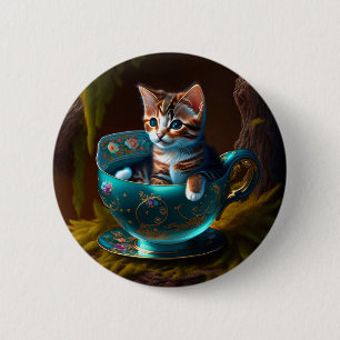 Cat in a teacup   Kitten in a Teacup Cat  6 Cm Round Badge