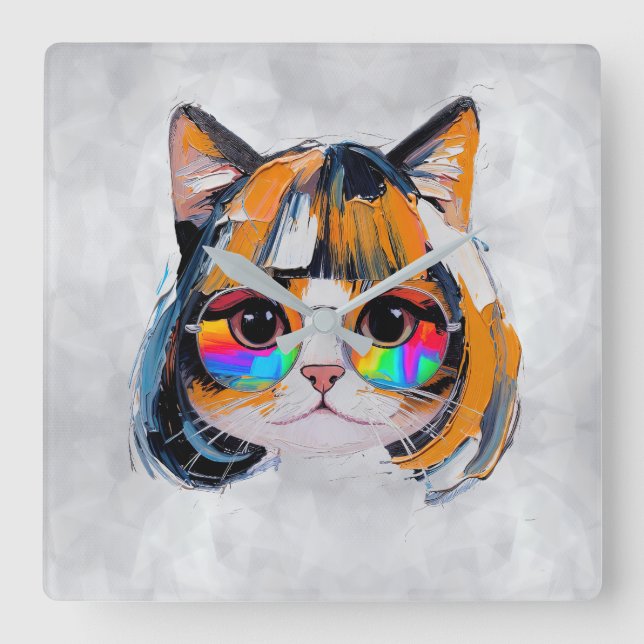 Cat in a Wig + Sunglasses (Painting #2) Square Wall Clock (Front)