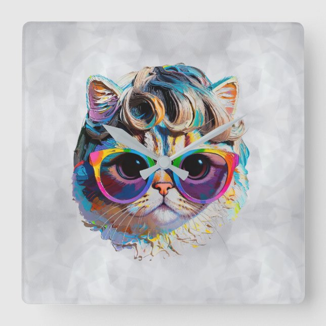 Cat in a Wig + Sunglasses (Painting #4) Square Wall Clock (Front)