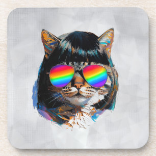 Cat in a Wig + Sunglasses (Painting #5) Coaster