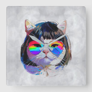 Cat in a Wig + Sunglasses (Painting #7) Square Wall Clock