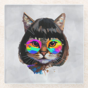 Cat in a Wig + Sunglasses (Painting #9) Glass Coaster