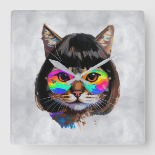 Cat in a Wig + Sunglasses (Painting #9) Square Wall Clock