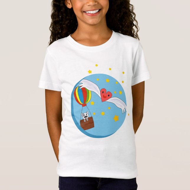 Cat in Air Balloon Kawaii Heart with Wings T-Shirt (Front)