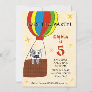 Cat in Air Balloon Kids Birthday Invitation