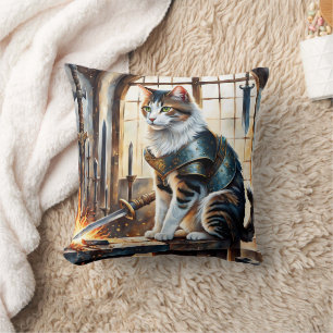 Cat in Armour Surrounded by Swords at Dawn Cushion