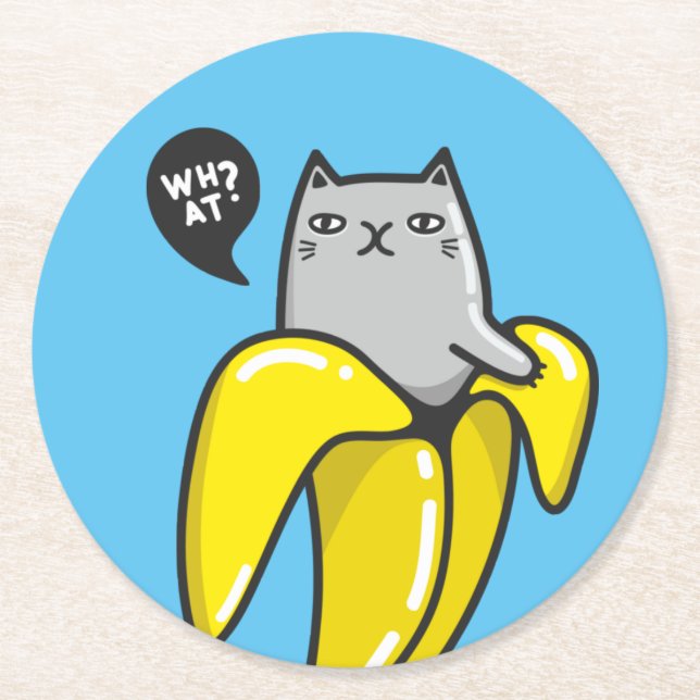 Cat in banana round paper coaster (Front)