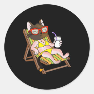 Cat In Bikini On Beach Chair Drinking Classic Round Sticker
