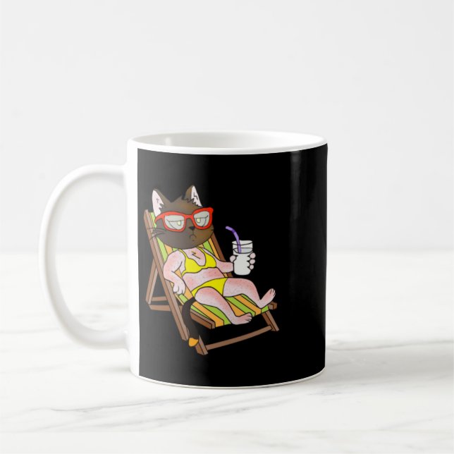 Cat In Bikini On Beach Chair Drinking Coffee Mug (Left)