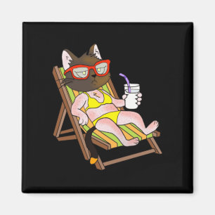 Cat In Bikini On Beach Chair Drinking Magnet
