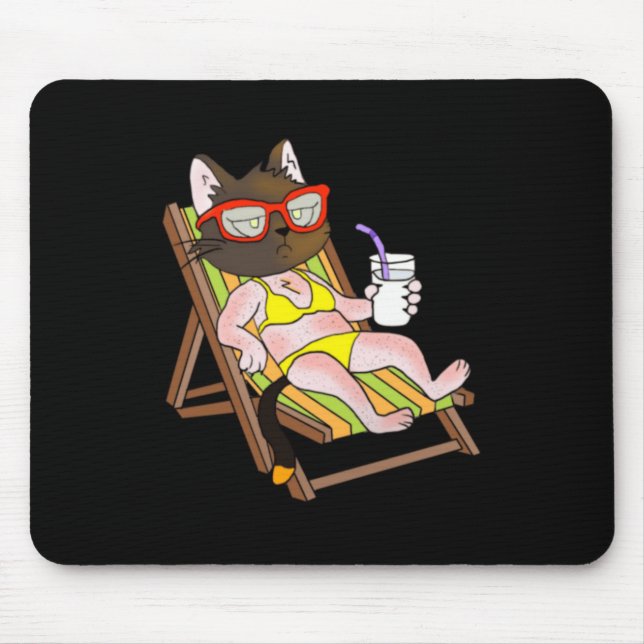 Cat In Bikini On Beach Chair Drinking Mouse Pad (Front)