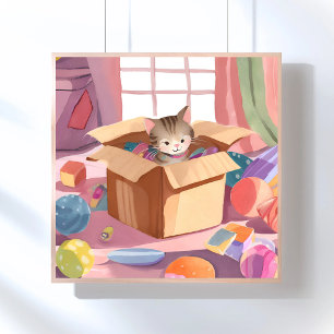 Cat in Cardboard Box   Kitten Watercolor Cat Poster