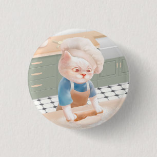 Cat In Chef Hat Rolling Dough at Kitchen 3 Cm Round Badge