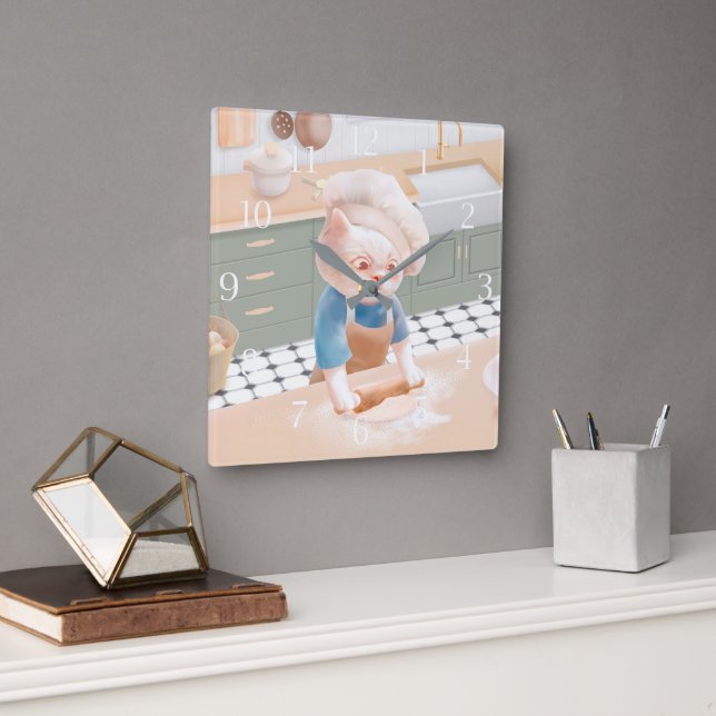 Cat In Chef Hat Rolling Dough at Kitchen Square Wa Wall Clock (Office)