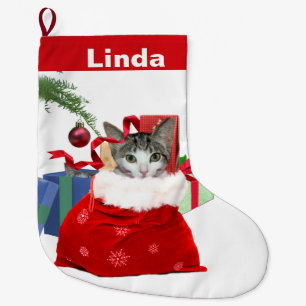 Cat in Christmas Bag with Presents, Customisable Large Christmas Stocking