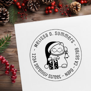 Cat in Christmas Hat Round Address Rubber Stamp