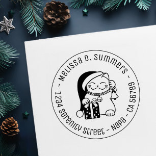 Cat in Christmas Hat Round Address Self-inking Stamp