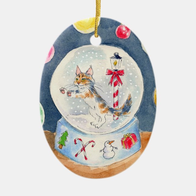 Cat in Christmas Snow Globe ornament (Front)
