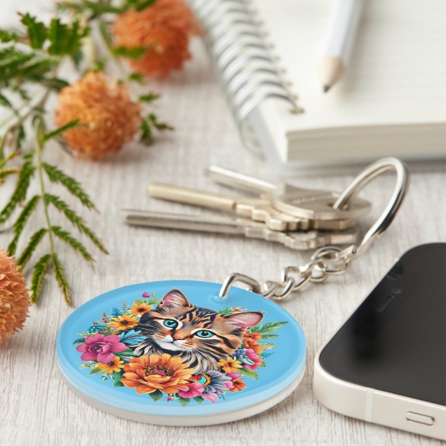 Cat in Colourful Floral Wreath Key Ring (Front Right)