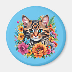 Cat in Colourful Floral Wreath Magnet
