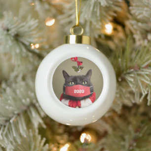 Cat in Coronavirus Facemask Humor Ceramic Ball Christmas Ornament