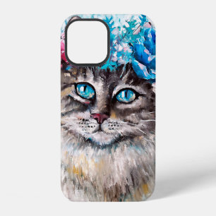 Cat in flower wreath oil painting on canvas. Winte iPhone 12 Case