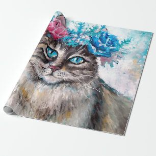 Cat in flower wreath oil painting on canvas. Winte Wrapping Paper