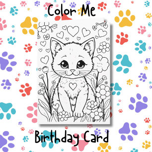 Cat in Flowers Colouring Page   Birthday  Card