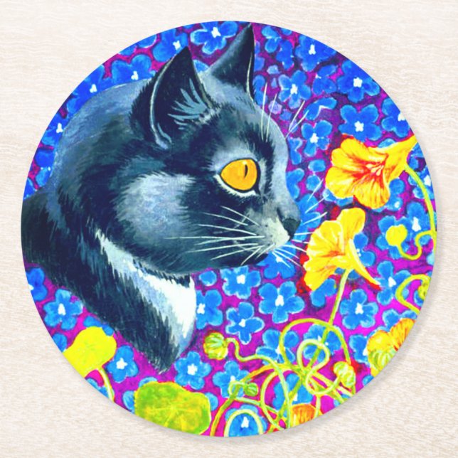 Cat in Flowers Round Paper Coaster (Front)