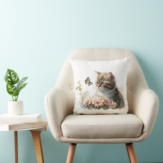 Cat in Garden with Butterfly Cushion (Chair)