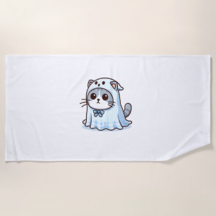 Cat in Ghost Costume for Halloween Beach Towel
