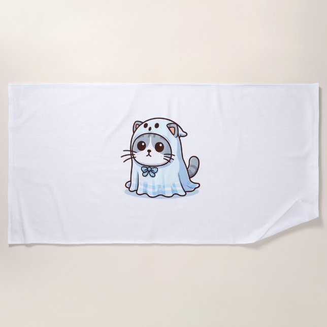 Cat in Ghost Costume for Halloween  Beach Towel (Front)