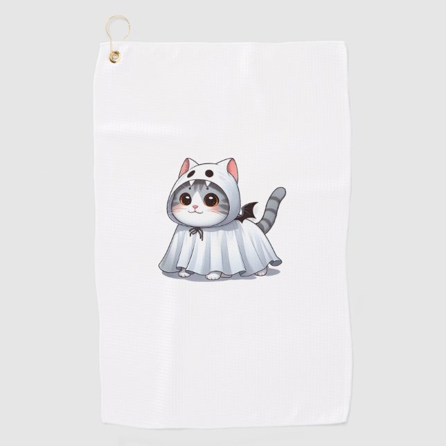 Cat in Ghost Costume for Halloween  Golf Towel (Front)