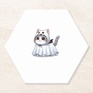 Cat in Ghost Costume for Halloween Paper Coaster