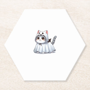 Cat in Ghost Costume for Halloween Paper Coaster