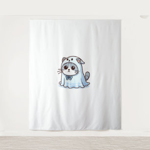 Cat in Ghost Costume for Halloween Tapestry