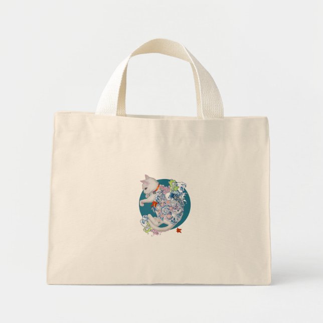 Cat in Green Mini Tote Bag (Front)