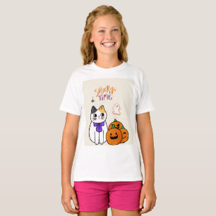 Cat in Halloween Style with Pumpkins and Ghost T-Shirt