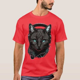 Cat in Headphones Funny Cat Gift Retro Vintage Fun T-Shirt