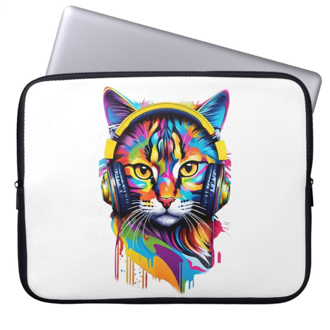 Cat in headphones laptop sleeve (Front)