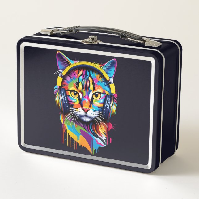 Cat in headphones metal lunch box (Front)