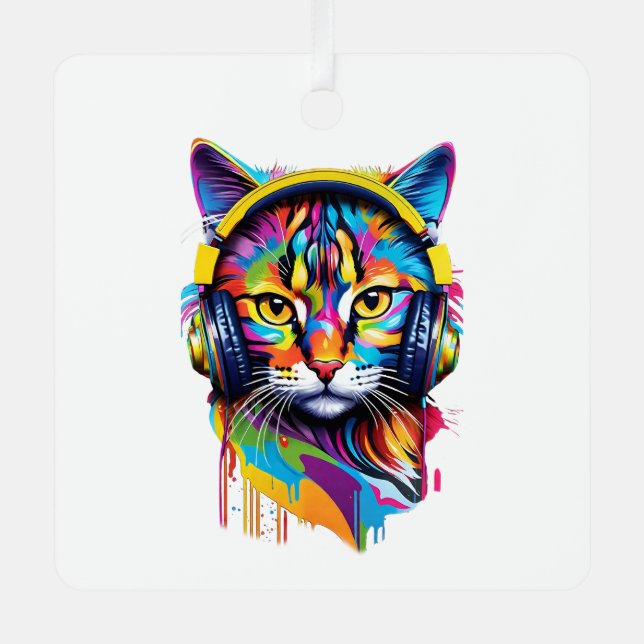 Cat in headphones metal tree decoration (Front)