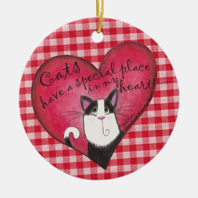 Cat in Heart on Red & White Gingham Ceramic Tree Decoration (Front)
