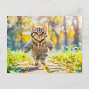 Cat in hoodie jogging through green park holiday postcard
