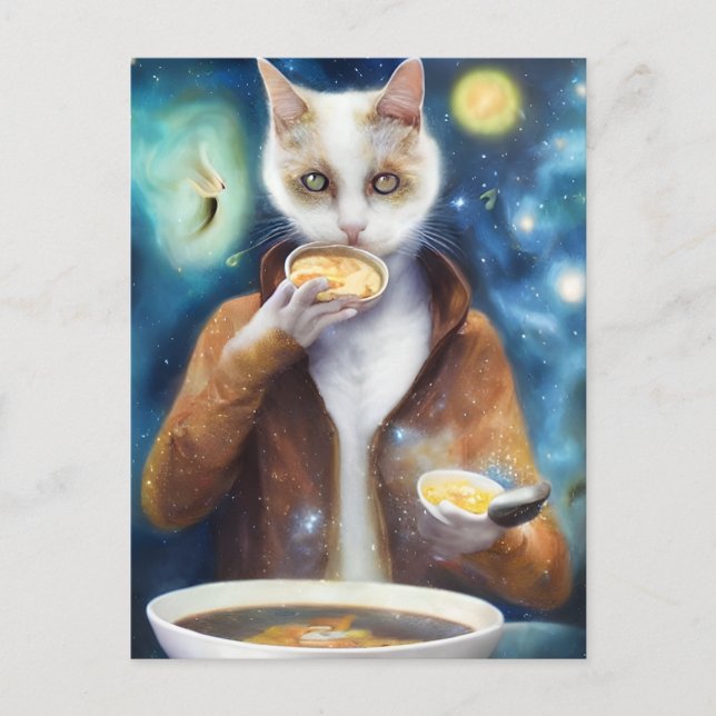 Cat in jumpsuit eating soup  AI generated art Postcard (Front)